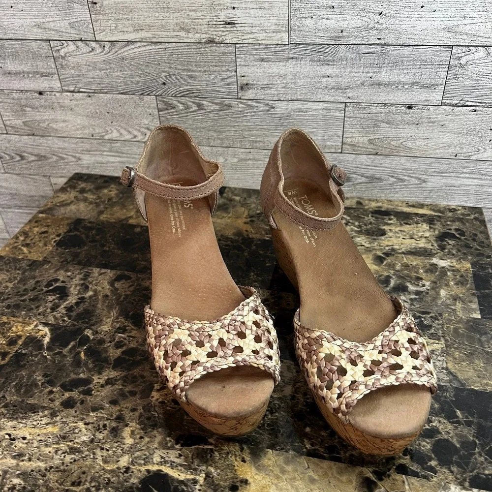 TOMS Platform Wedge Tan Stucco‎ Suede Woven Open Toe Cork Sandals Womens US 8